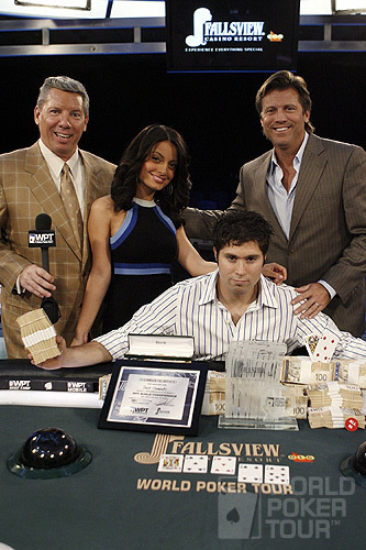 Mike Sexton, Layla Kayleigh, and Vince Van Patten congratulate Scott Clements on his victory in the WPT North American Poker Championship