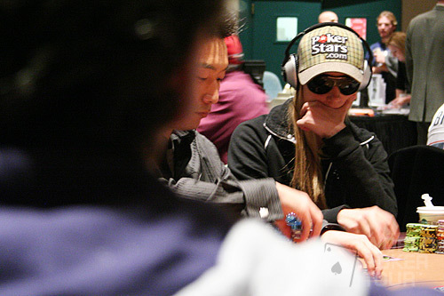 Vanessa Rousso stares down Allen Kessler on Day 1a of the Foxwoods World Poker Finals