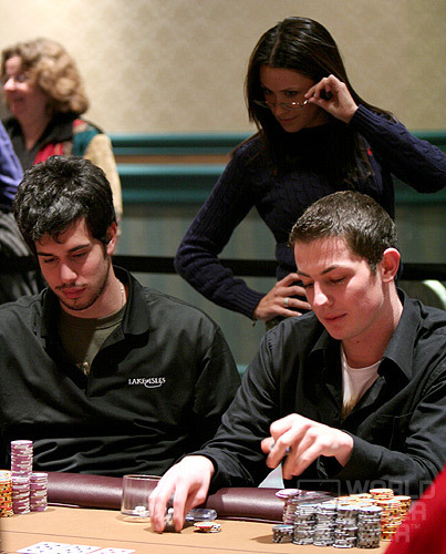 Kimberly Lansing checks out the action between Nick Schulman (left) and Tom "Durrr" Dwan (right) on Day 3 of the WPT Foxwoods World Poker Finals