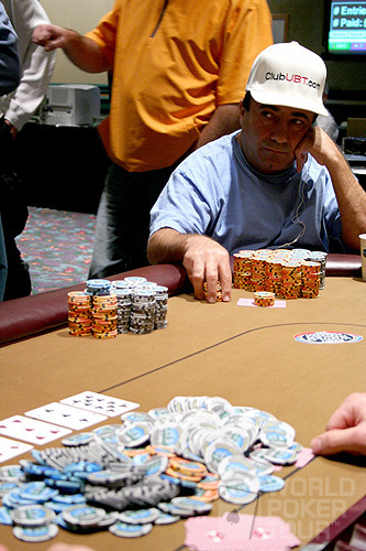 Freddy Deeb faces off against Mike Vela (not shown) in a more-than-a-million pot on Day 4 of the WPT Foxwoods World Poker Finals