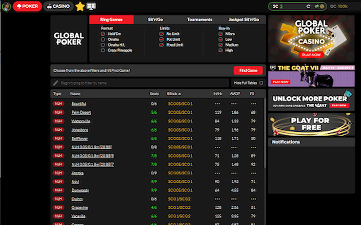 Global Poker games lobby