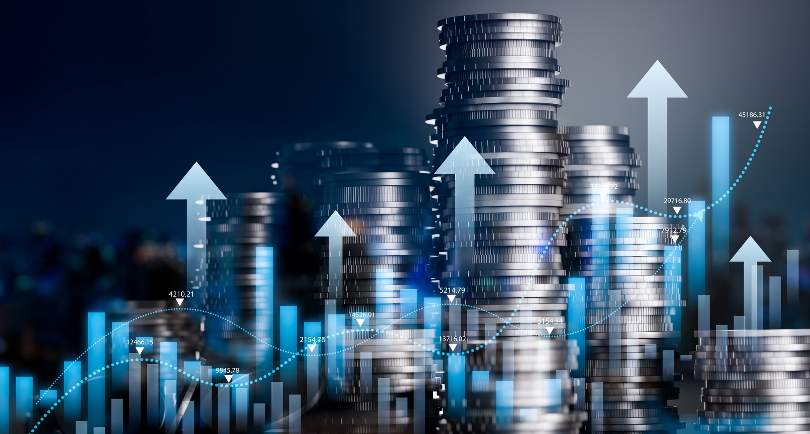 A picture of money with upward-facing arrows