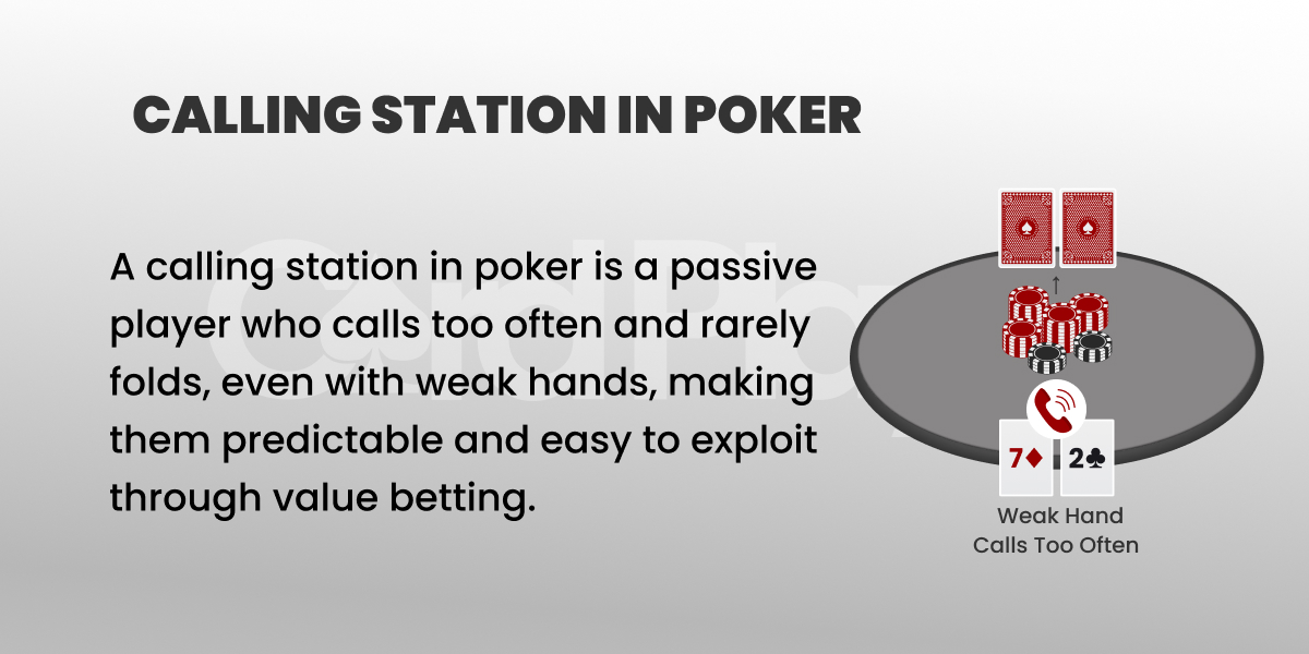 Calling station in poker definition showing a passive player who calls too often with weak hands, illustrated with poker chips, cards, and a value betting example.