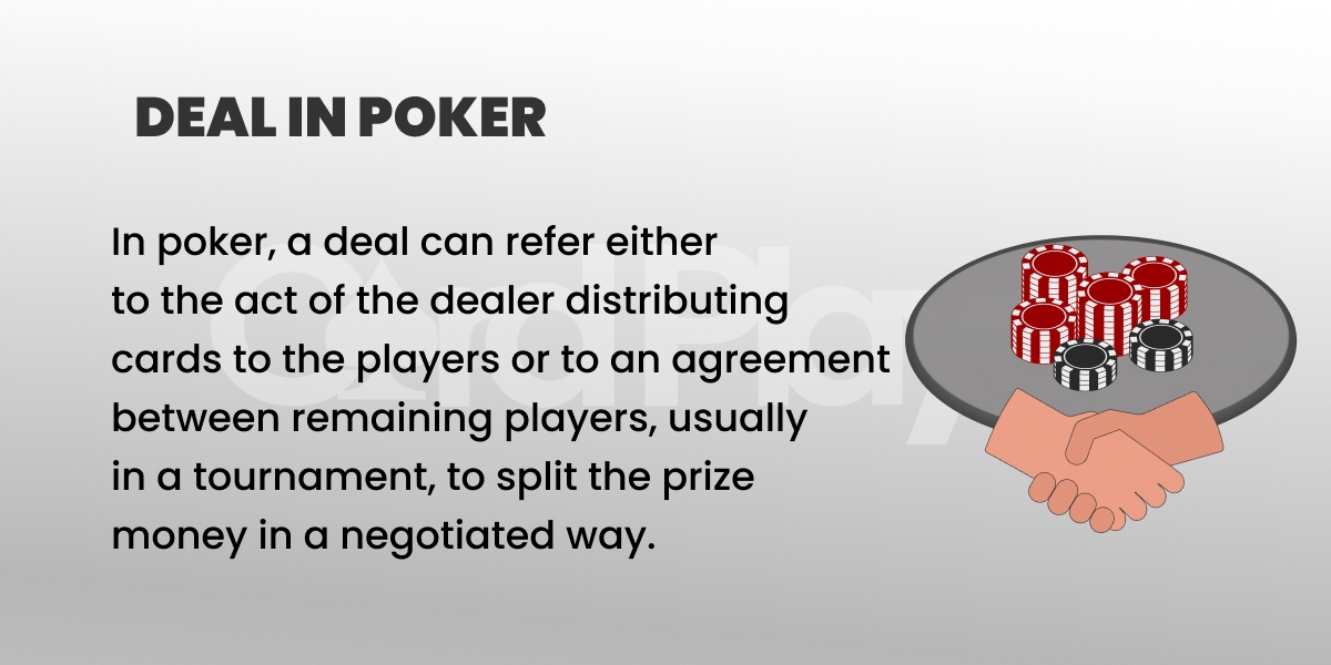 Diagram explaining the meaning of a deal in poker, showing players agreeing to split tournament prize money with poker chips on the table.