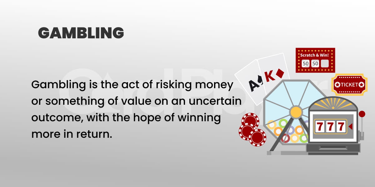 Image depicting gambling, featuring a slot machine with 777, playing cards, poker chips, a lottery ticket, and scratch-off cards. Text defines gambling as risking money on uncertain outcomes, hoping for profit