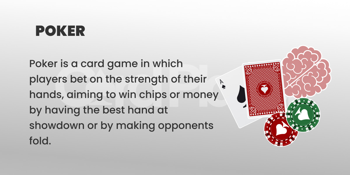 Poker definition text with playing cards, red and green poker chips, and a brain icon