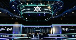 A picture of the Solana logo on the WSOP Final Table stage