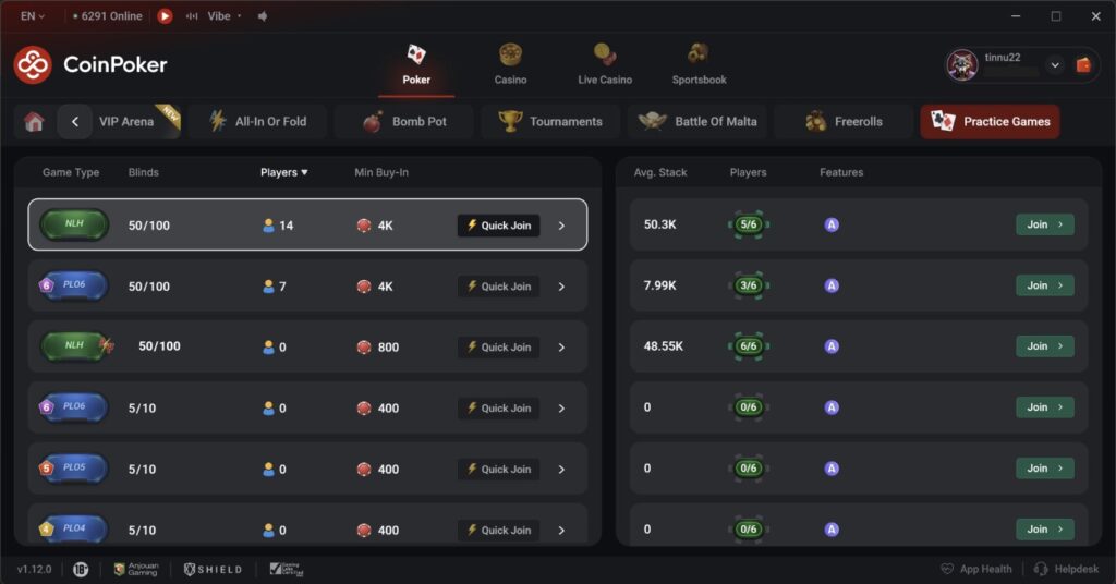 practice games lobby on coinpoker